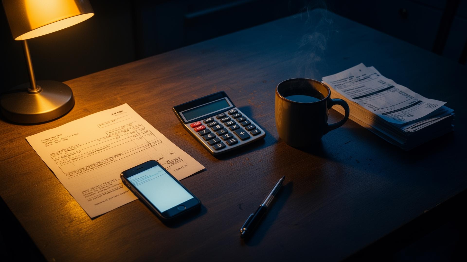 A kitchen table at night with a paycheck, phone, calculator, mug and bills under warm lamp light